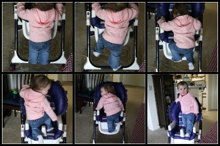 Climbing her high chair.  Girl is getting too big, too fast.